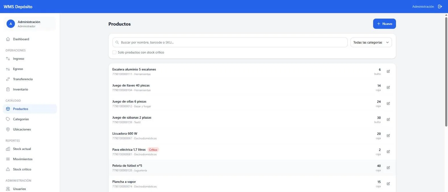 Listado de mercadería de un sistema de gestión desarrollado por Mate Lab, con códigos de barras y stock